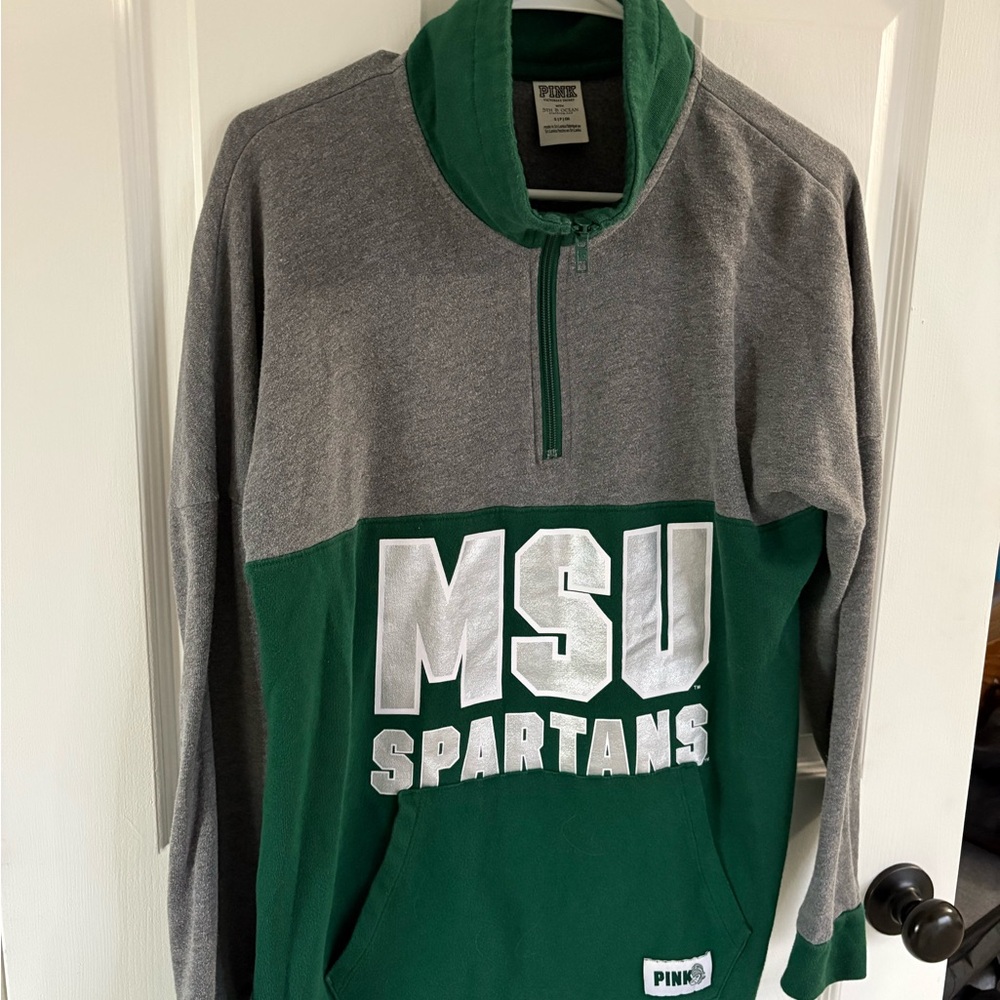 PINK Victoria's Secret MSU Spartans Green and Gray Half-Zip Pullover